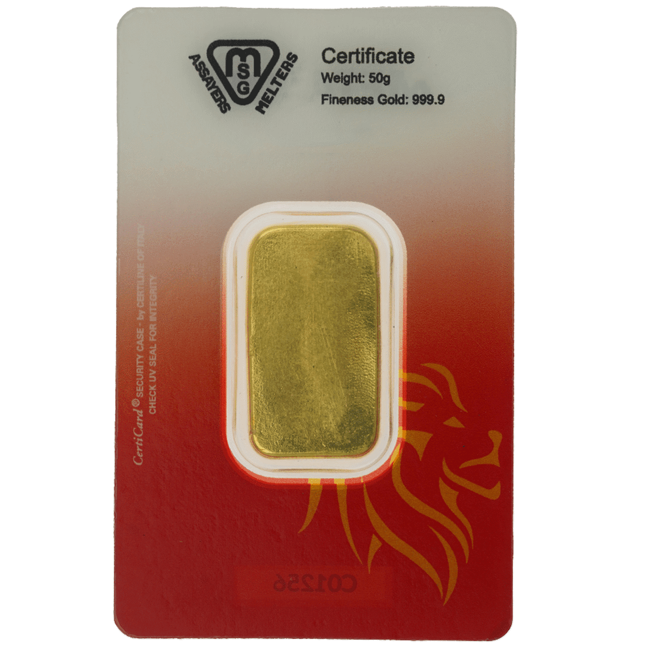 Metalor 50g Cast Gold Bar in Assay Card